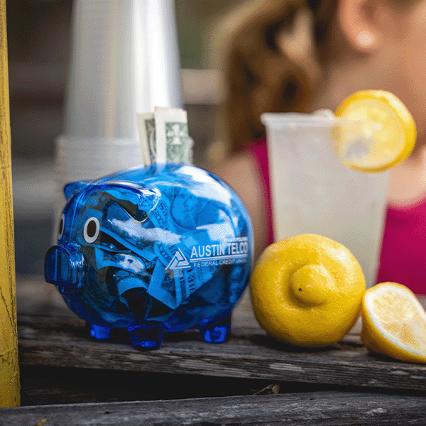 Piggy bank on lemonade stand with money