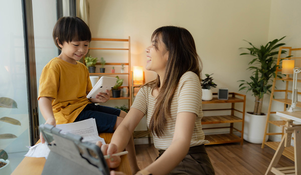 Mother and son doing financing together